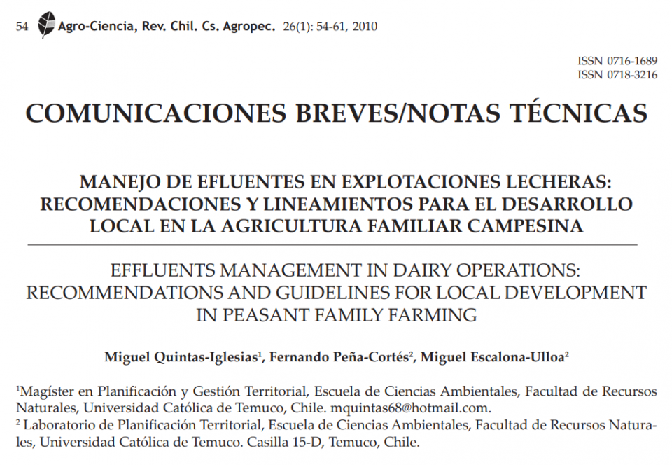 Manejo de efluentes en explotaciones lecheras: recomendaciones y lineamientos para el desarrollo local en la agricultura familiar campesina.