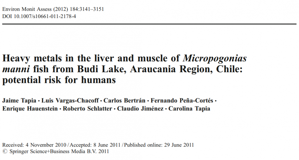 Heavy metals in the liver and muscle of Micropogonias manni fish from Budi Lake, Araucania Region, Chile: potential risk for humans.