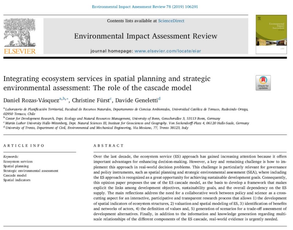 Integrating ecosystem services in spatial planning and strategic environmental assessment: The role of the cascade model.